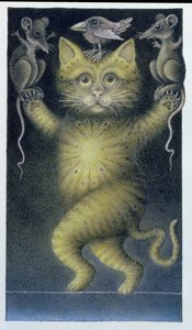 Cat on a Tightrope, balancerende med Bird and Mice (blyant og farvekridt på papir) af Wayne Anderson