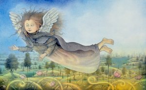 Flying Fairy Over Landscape (blyant og farvekridt på papir) af Wayne Anderson