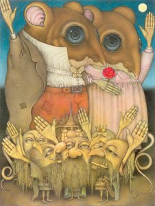 Mouse Couple and Dwarves Waving (blyant og farvekridt på papir) af Wayne Anderson