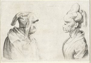 Deforme hoveder af en mand med en floppy hat og en kvinde med bundet hår Varie figurae et probae (serietitel) Karikaturer, hoveder og deformiteter efter Leonardo da Vinci (serietitel) af Wenceslaus Hollar (attributed to)