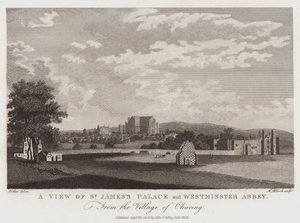 Udsigt over St Jamess Palace og Westminster Abbey fra landsbyen Charing af Wenceslaus Hollar