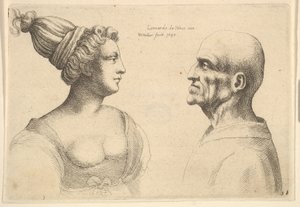 En kvinde med hår bundet tilbage og en skaldet han vendt mod hinanden, 1645. af Wenceslaus Hollar