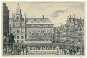 Proklamation af freden i Munster i Antwerpen, 1648 Eygentlycke skildrer måden for udgivelsen af ​​den Peys, mellem syne Mayesteyt den Coninck van Spagnien, og Heeren Staten Generael van de Vereenich[de] Nederlanden på en Heerlyc af Wenceslaus Hollar