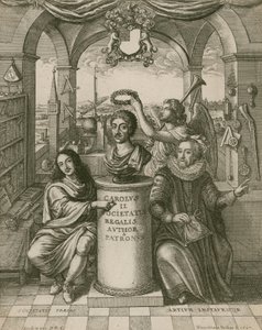 Buste af Charles II, med Lord Brouncker (til venstre), den første præsident for Royal Society, og Francis Bacon (til højre) af Wenceslaus Hollar