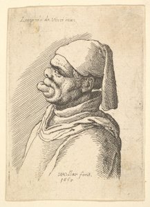 Buste af vanskabt mand med hat og fed, fremspringende underlæbe i profil til venstre, 1625-77. af Wenceslaus Hollar