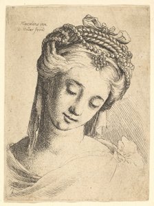 Buste af en ung kvinde med kunstfærdig hovedbeklædning, kigger ned., 1625-77. af Wenceslaus Hollar