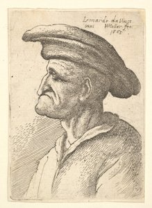 Buste af ældre mand med næse, der møder hans underlæbe, iført bred flad kasket i profil t..., 1665. af Wenceslaus Hollar