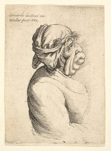 Buste af kvinde med udstående mund iført lavtskåren kjole og tøj bundet om hendes hoved..., 1660. af Wenceslaus Hollar