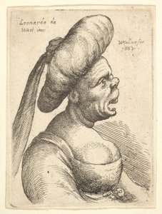 Buste af kvinde med vidåben mund og opadvendt næse, iført stor flad turban med blodprop..., 1665. af Wenceslaus Hollar