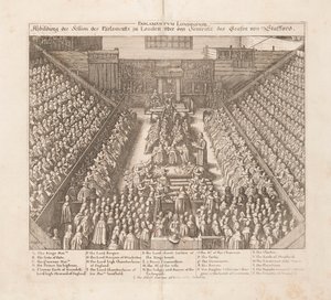 Afbildning af parlamentet i Londons session af dommen fra jarlen af Stafford, ca. 1642. af Wenceslaus Hollar