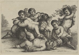Tre små drenge, to satyrer og en bacchant en ged Putti og Satyrer (serietitel) af Wenceslaus Hollar