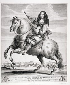 Rytterportræt af Charles II (1630-85) med et landskab, udgivet ca. 1670 af Wenceslaus Hollar