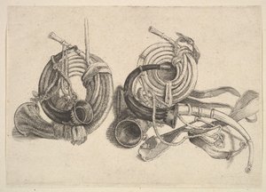 Fem jagthorn, 1625-77. af Wenceslaus Hollar