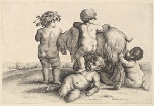 Fire drenge, en ung satyr og en ged, 1647. af Wenceslaus Hollar