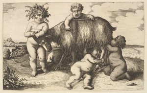 Fire drenge, en ung satyr og en gedekopi omvendt, 1600-tallet. af Wenceslaus Hollar