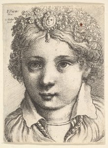 Hovedet af en ung pige iført en smykkebeklædt hovedbeklædning, ca. 1645. af Wenceslaus Hollar