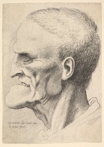 Hoved af en gammel mand med en udtalt hage, kort afskåret hår og gabende mund, der viser ..., 1625-77. af Wenceslaus Hollar