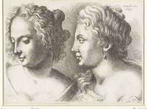 Hoveder af to unge kvinder Varie figurae et probae (serietitel) Karikaturer, hoveder og deformiteter efter Leonardo da Vinci (serietitel) af Wenceslaus Hollar