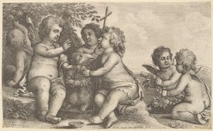 Jesus, Johannes Døberen og fire keruber, 1625-77. af Wenceslaus Hollar