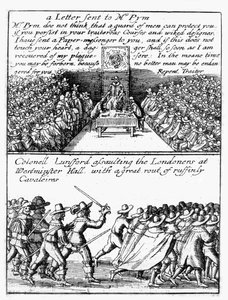 John Pym læser et brev op i Underhuset; Oberst Thomas Lunsford og hans soldater angriber londonere af Wenceslaus Hollar