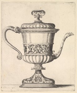 Kande med låg, indgraveret med arabeskmønster, den smalle tud til højre ender i snak..., 1625-77. af Wenceslaus Hollar