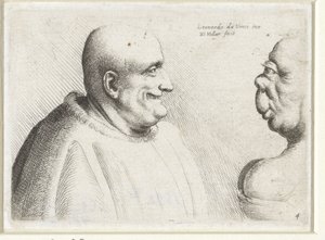 Hoveder af en stor skaldet mand og grotesk kvinde Varie figurae et probae (serietitel) Karikaturer, hoveder og deformiteter efter Leonardo da Vinci (serietitel) af Wenceslaus Hollar