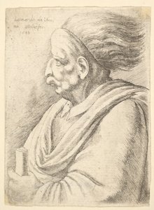 Mand med karikerede træk og hår strømmer bagved, i halv længde til venstre, 1648. af Wenceslaus Hollar