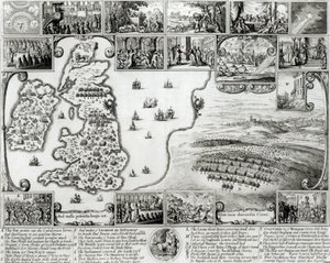 Kort over borgerkrigens England og udsigt over Prag, 1632