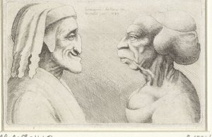 Deforme karikaturhoveder af en mand med hat (Dante?) og en kvinde Varie figurae et probae (serietitel) Karikaturer, hoveder og deformiteter efter Leonardo da Vinci (serietitel) af Wenceslaus Hollar