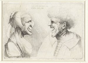 Deforme hoveder af en smilende mand og kvinde med en hovedhætte Varie figurae et probae (serietitel) Karikaturer, hoveder og deformiteter efter Leonardo da Vinci (serietitel) af Wenceslaus Hollar