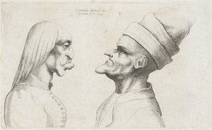 Deforme hoveder af en kvinde med glat hår og en mand med en dobbeltskygget hat Varie figurae et probae (serietitel) Karikaturer, hoveder og deformiteter efter Leonardo da Vinci (serietitel) af Wenceslaus Hollar