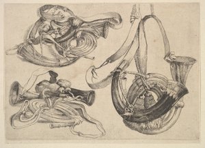Syv jagthorn i tre grupperinger, 1625-77. af Wenceslaus Hollar
