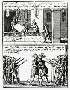 Soldater ødelægger religiøse billeder i en kirke; Engelske og skotske soldater omfavner af Wenceslaus Hollar