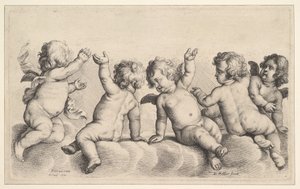 Tre keruber og to drenge på skyer, 1620-77. af Wenceslaus Hollar