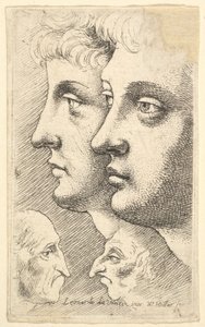 To unge i profil til venstre med to groteske hoveder mod hinanden nedenfor, 1625-77. af Wenceslaus Hollar