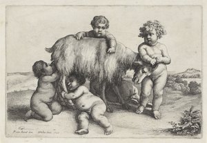 Fire drenge, en satyr og en ged står til højre Putti og Satyrer (serietitel) af Wenceslaus Hollar