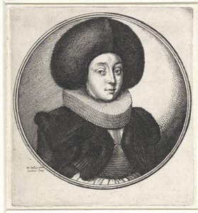 Kvinde med flæsekrave og stor pelshat Medaljoner med kvindebuster (serietitel) af Wenceslaus Hollar