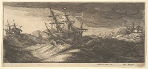 Krigsskib og en sprutende hval, 1665. af Wenceslaus Hollar