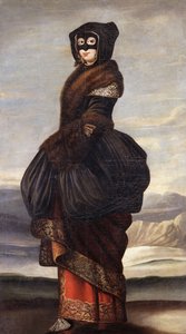 Vinter: En dame, i fuld længde, i eksotisk kostume, iført maske, i et landskab af Wenceslaus Hollar
