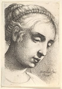 Kvinde med perlestreng i håret ser nedad til højre, 1645. af Wenceslaus Hollar