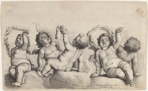 Tre keruber og to drenge løfter hver sin arm på skyer af Wenceslaus Hollar, after Peeter van Avont