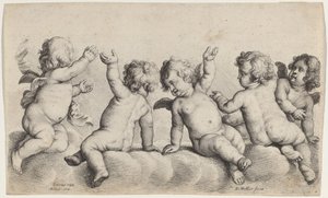 Tre keruber og to drenge på skyer af Wenceslaus Hollar, after Peeter van Avont