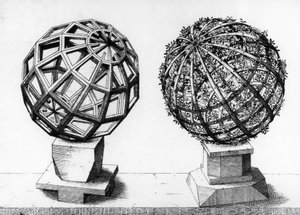 Perspektivillustration, to kugler, gravering fra Perspectiva Corporum Regularium, af Wentzel Jamnitzer (1508-1585), Nürnberg af Wenzel I Jamnitzer