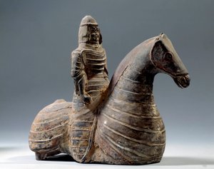 Kinesisk kunst: statuette af rytter i rustning (206 f.Kr.-220 e.Kr.), Han-perioden. Paris Museum Cernuschi