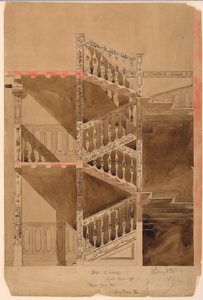 Tegning, trappe i Cluny, Paris, 1887 af Whitney Warren Jr.
