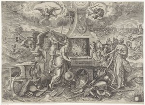 Fredens magt, 1577 Die Cracht des Peys (titel på objekt) Allegorier om den fornyede fredsperiode i Holland (serietitel) af Wierix