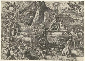 De triumphwagen van de vrede, 1577 Tegning af en triumferende fred (titel på objekt) af Wierix