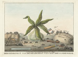 Tegnefilm om franske skikke, 1813-1814 Mødet i kælderen råddent med direktørens møde (titel på objekt) af Wijnand Esser