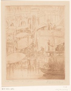 Mænd og kvinder bader og beder på bredden af ​​Ganges i Benares Badning og bede (original titel) On the Ganges (titel på objekt) af Wijnand Otto Jan Nieuwenkamp (signed by artist)