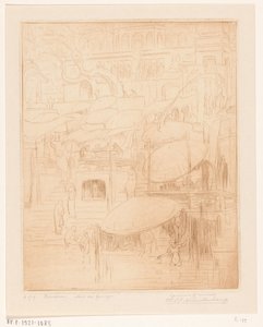 Mænd og kvinder bader og beder på bredden af ​​Ganges i Benares Praying and Praying (original titel) On the Ganges (titel på objekt) af Wijnand Otto Jan Nieuwenkamp (signed by artist)